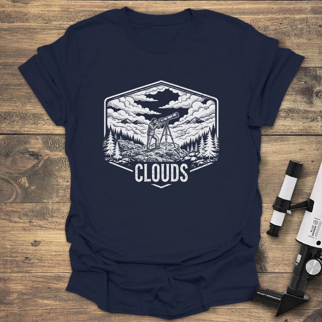 Clouds Telescope Badge - Navy t-shirt