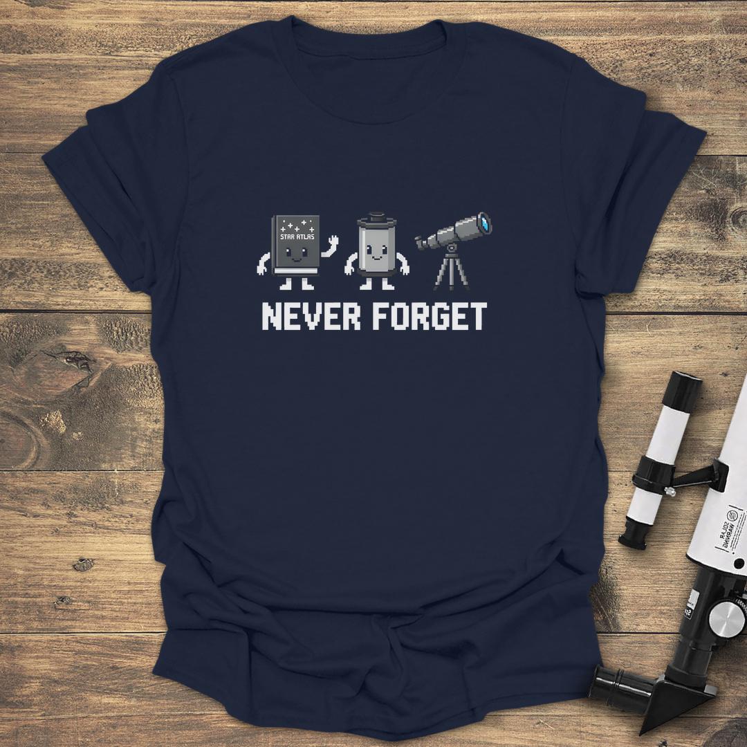 Never Forget Pixel Art Star Atlas Film Roll Telescope - Navy T-Shirt