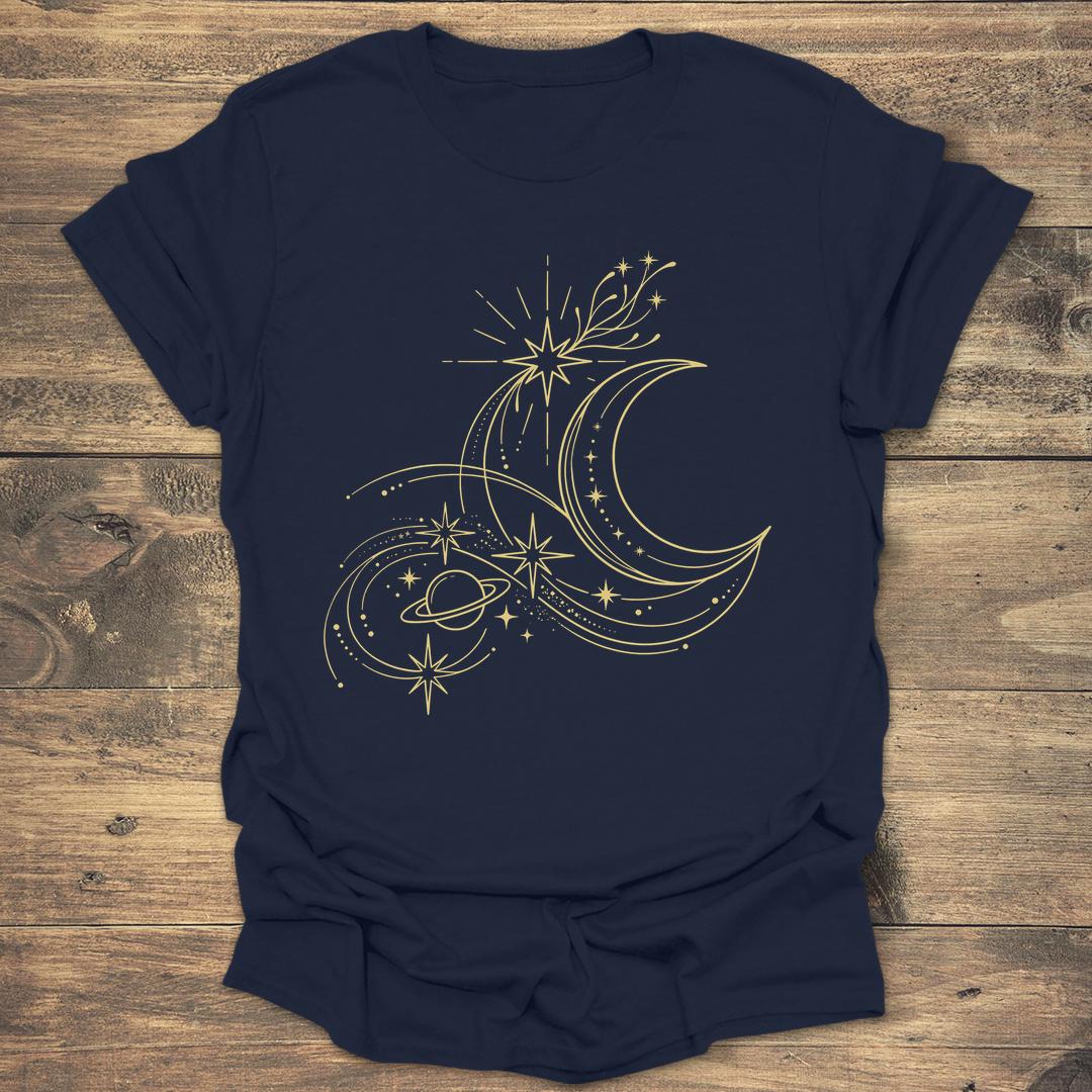 Golden Orbit Swirling Crescent Moon and Saturn T-shirt - Navy T-Shirt