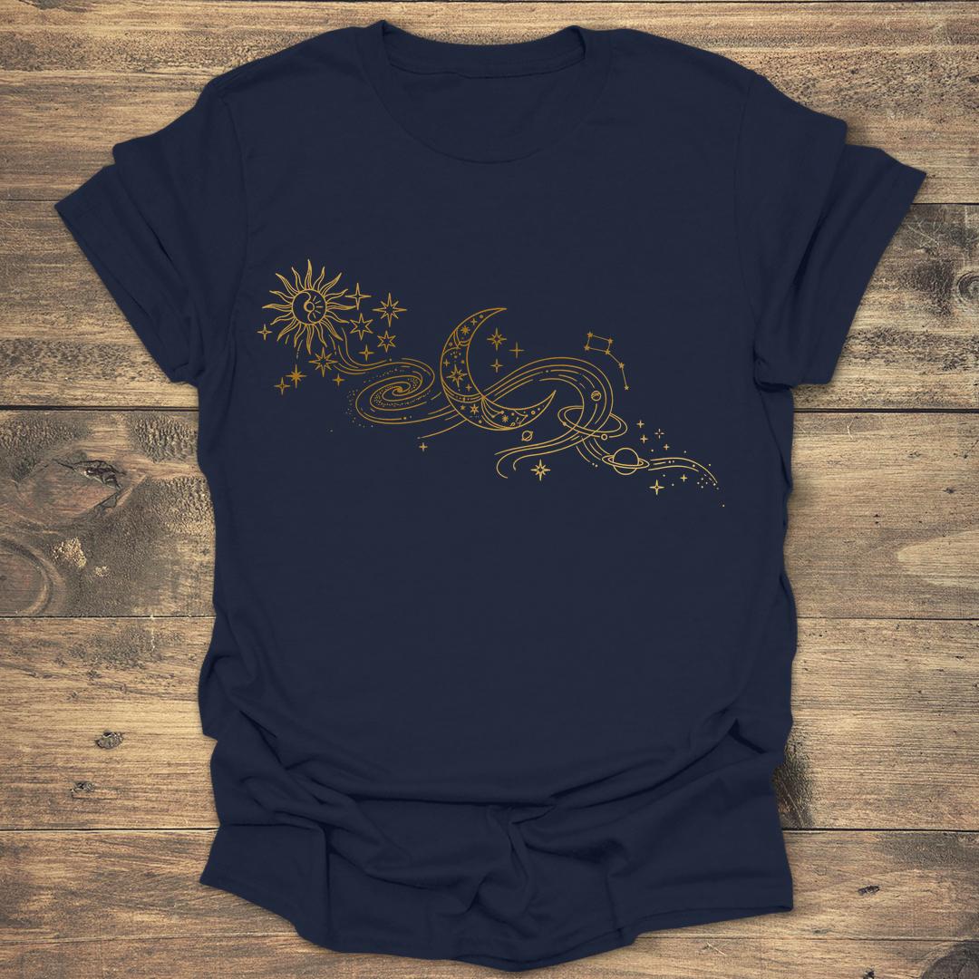 Ornate Gold Filigree Crescent Moon - Navy T-Shirt