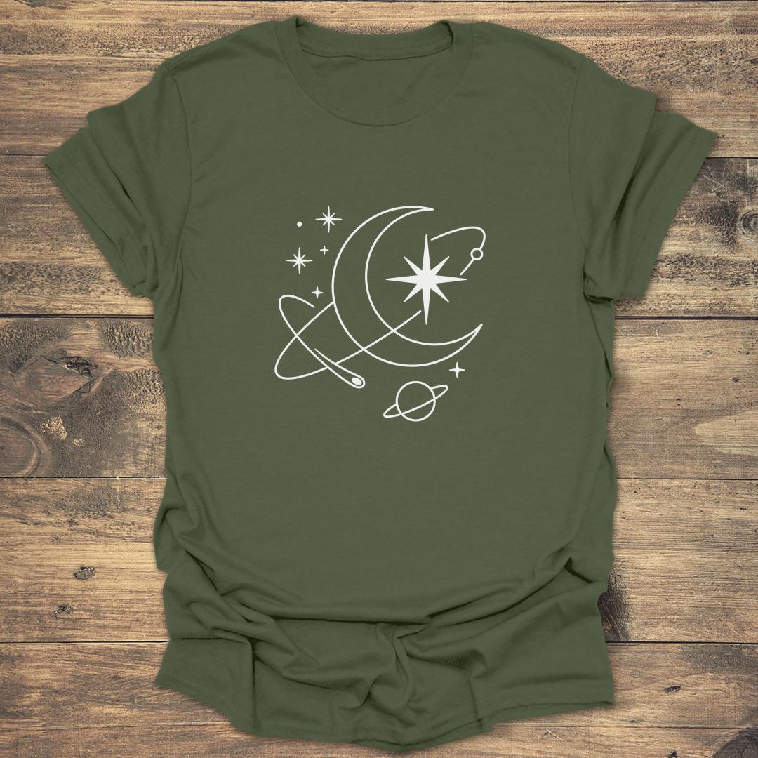 Minimalist Celestial Moon and Stars - Military Green T-Shirt