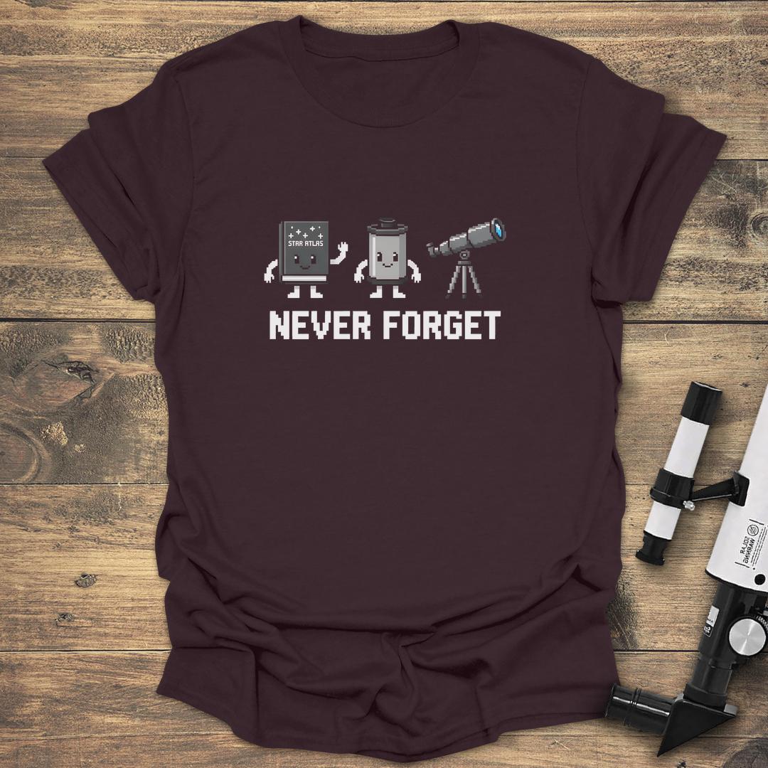 Never Forget Pixel Art Star Atlas Film Roll Telescope - Dark Chocolate T-Shirt