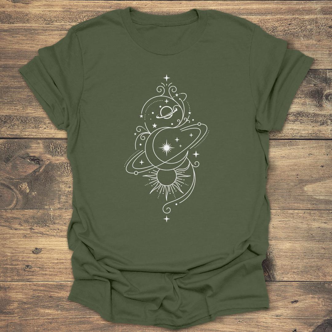 Whimsical Celestial Orbit - Military Green T-Shirt