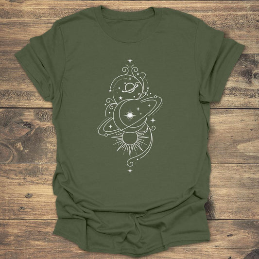 Whimsical Celestial Orbit - Military Green T-Shirt