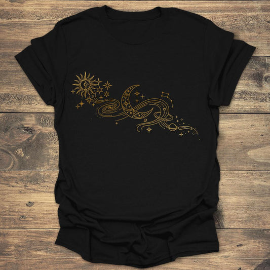 Ornate Gold Filigree Crescent Moon - Black T-Shirt