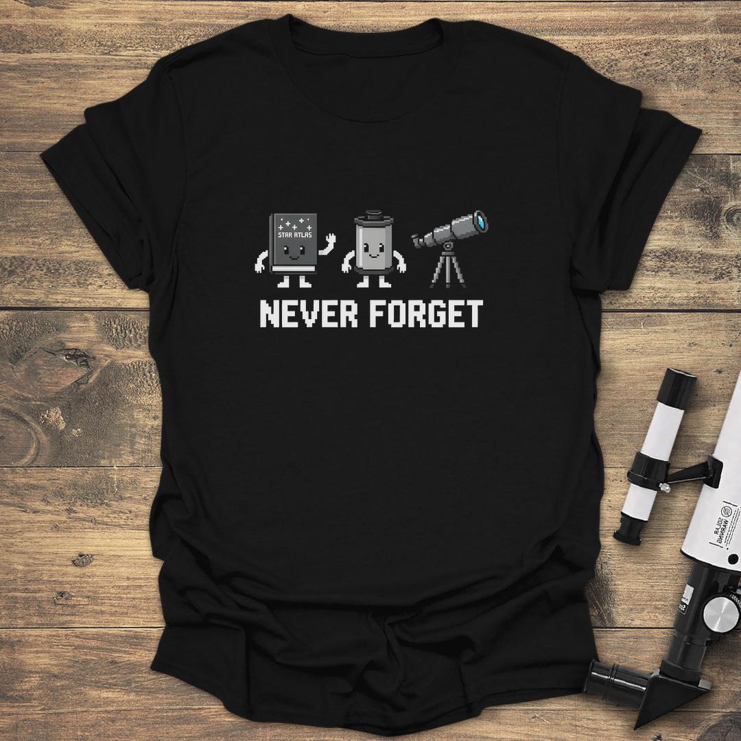 Never Forget Pixel Art Star Atlas Film Roll Telescope - Black T-Shirt