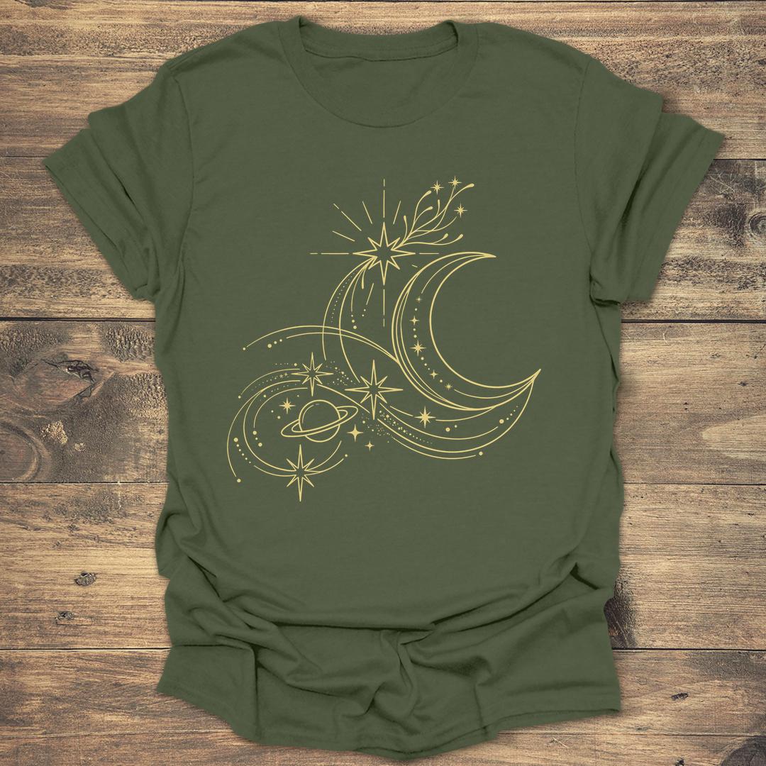 Golden Orbit Swirling Crescent Moon and Saturn T-shirt - Military Green T-Shirt