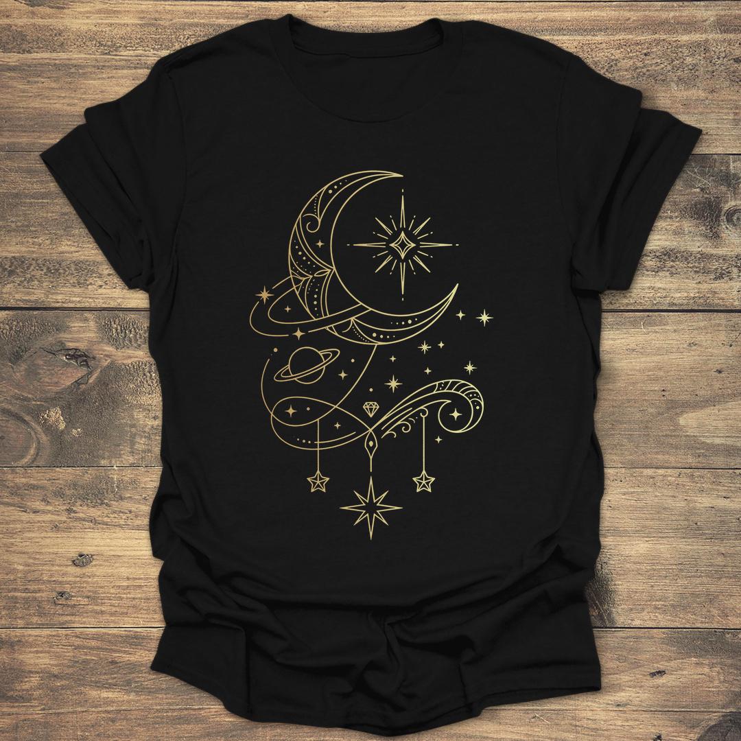 Ornate Gold Crescent Moon - Black T-Shirt