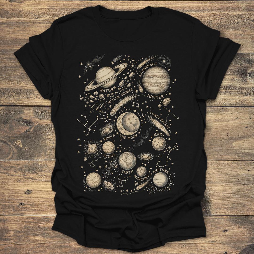 Antique Solar System Map Vintage Astronomy - Black T-Shirt