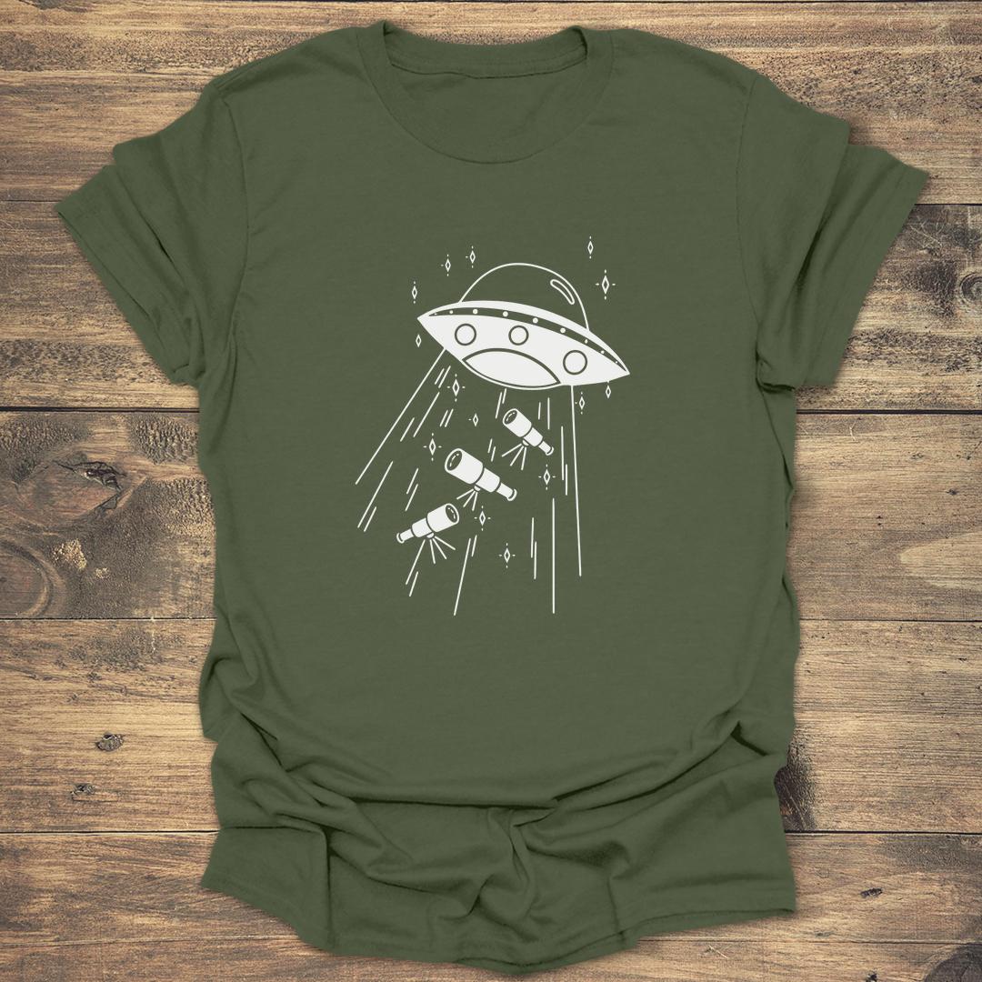UFO Abducting Telescopes - Military Green T-Shirt