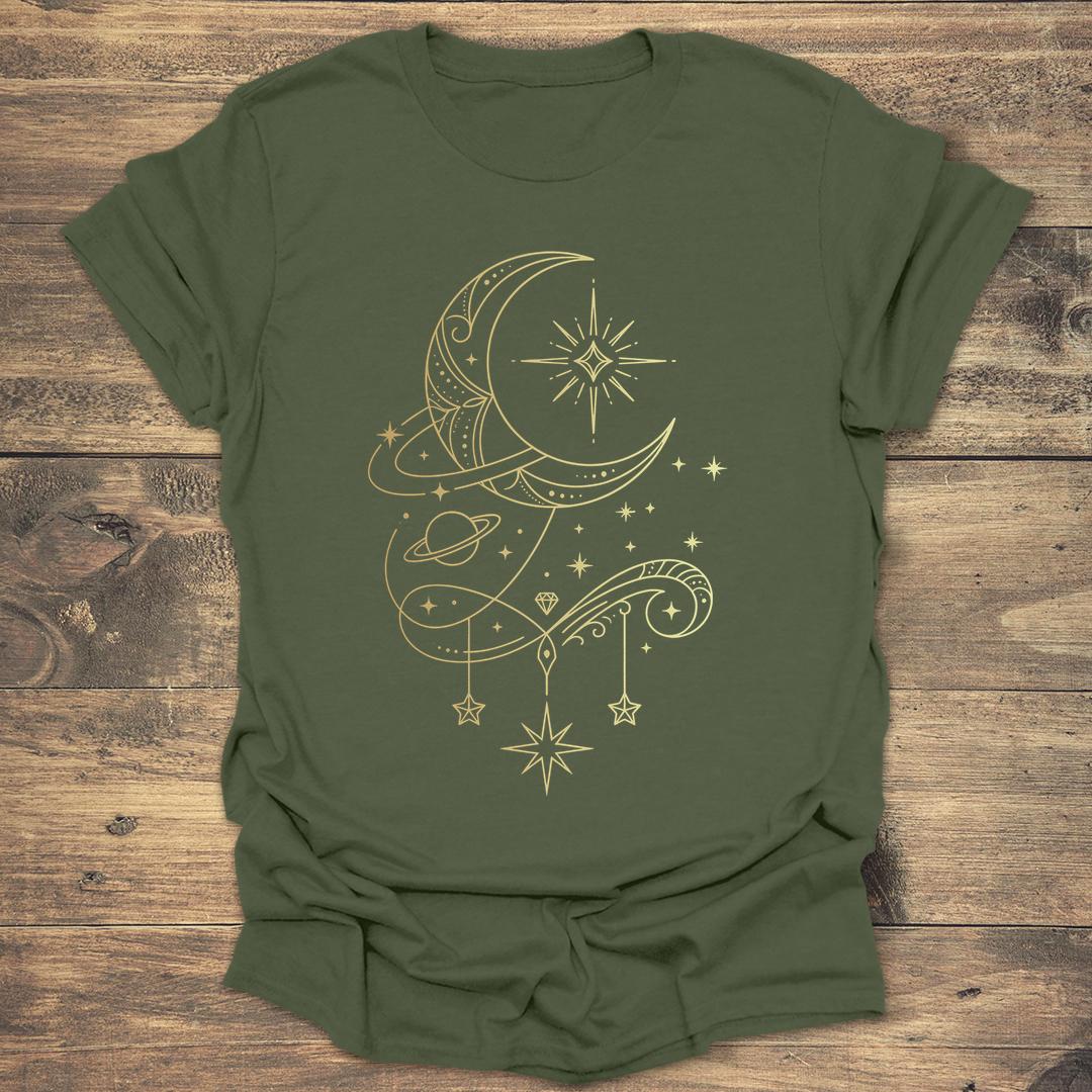 Ornate Gold Crescent Moon - Military Green T-Shirt