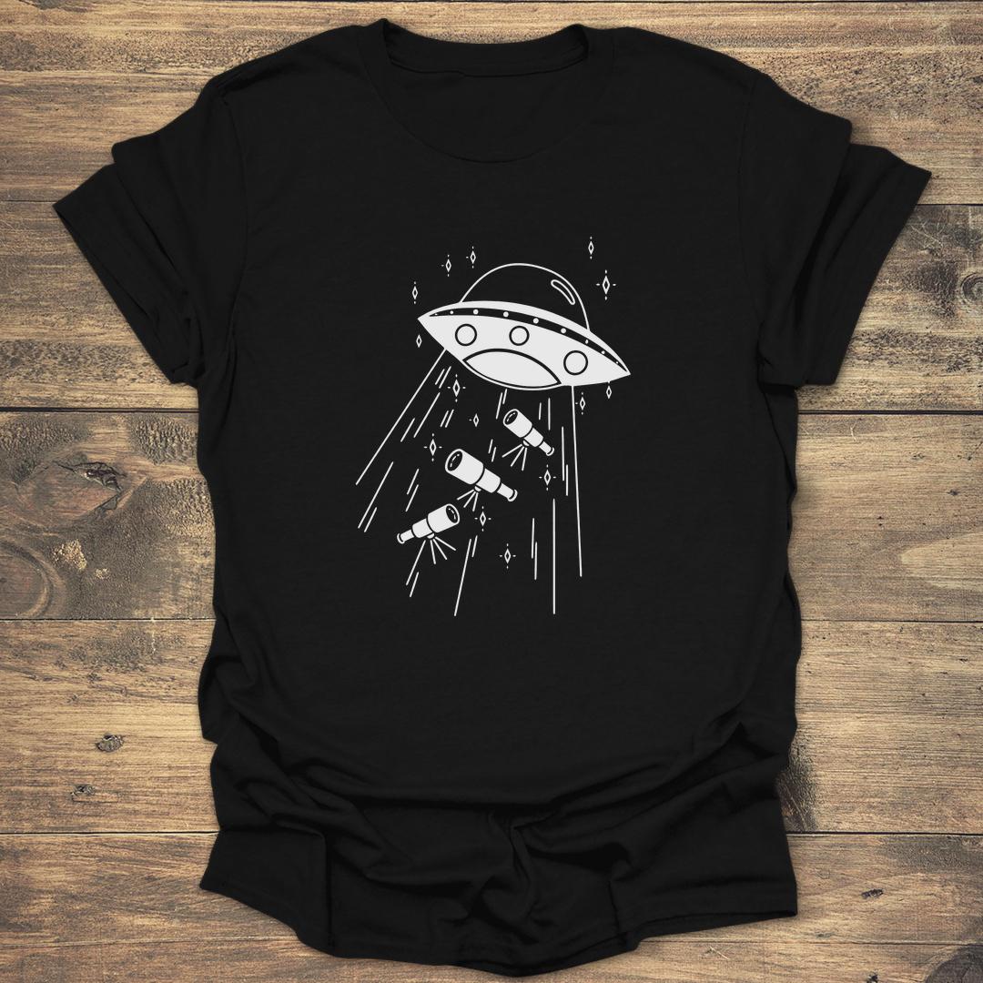 UFO Abducting Telescopes - Black T-Shirt