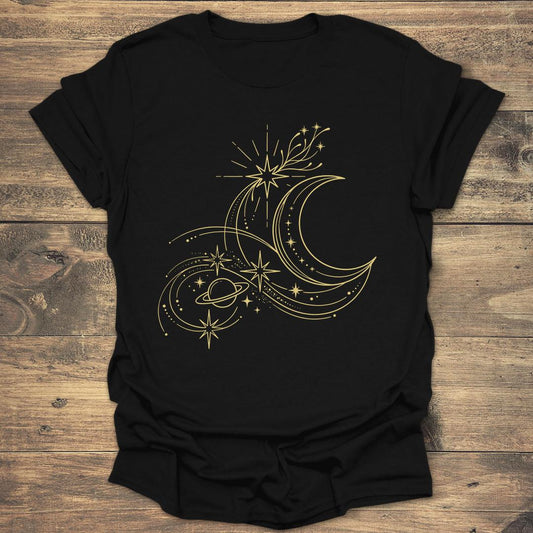 Golden Orbit Swirling Crescent Moon and Saturn T-shirt - Black T-Shirt