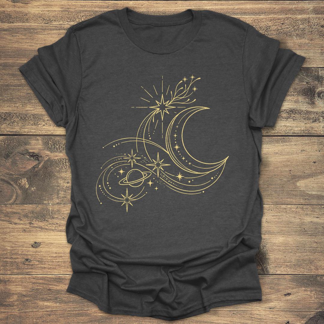 Golden Orbit Swirling Crescent Moon and Saturn T-shirt - Dark heather T-Shirt