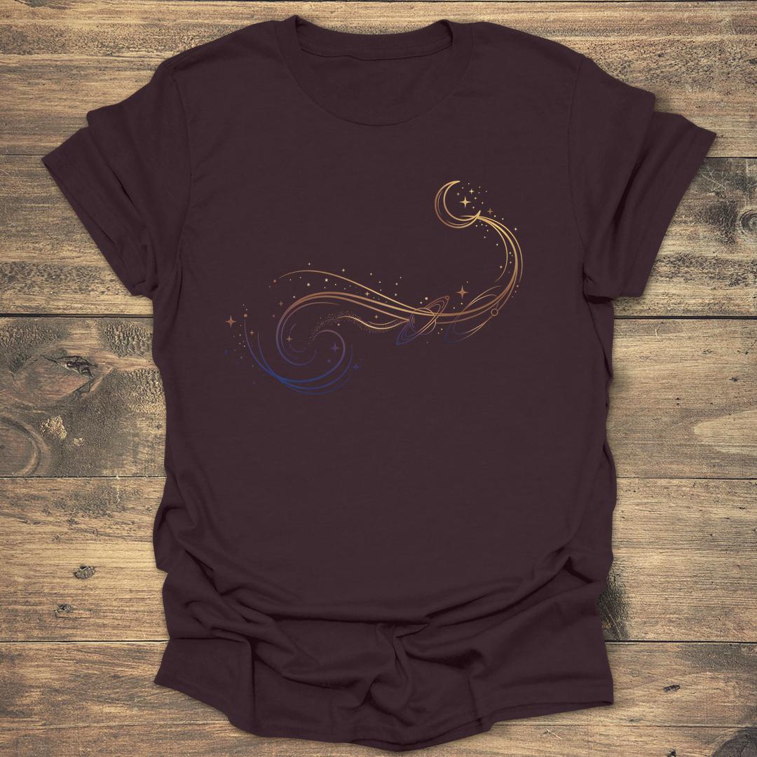 Stellar Ribbon Celestial Spiral and Moon Path - Dark Chocolate T-Shirt