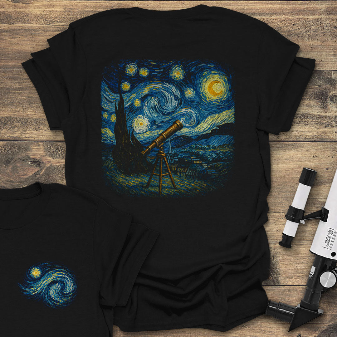 Starry Night with a Telescope Back Print - Black T-Shirt