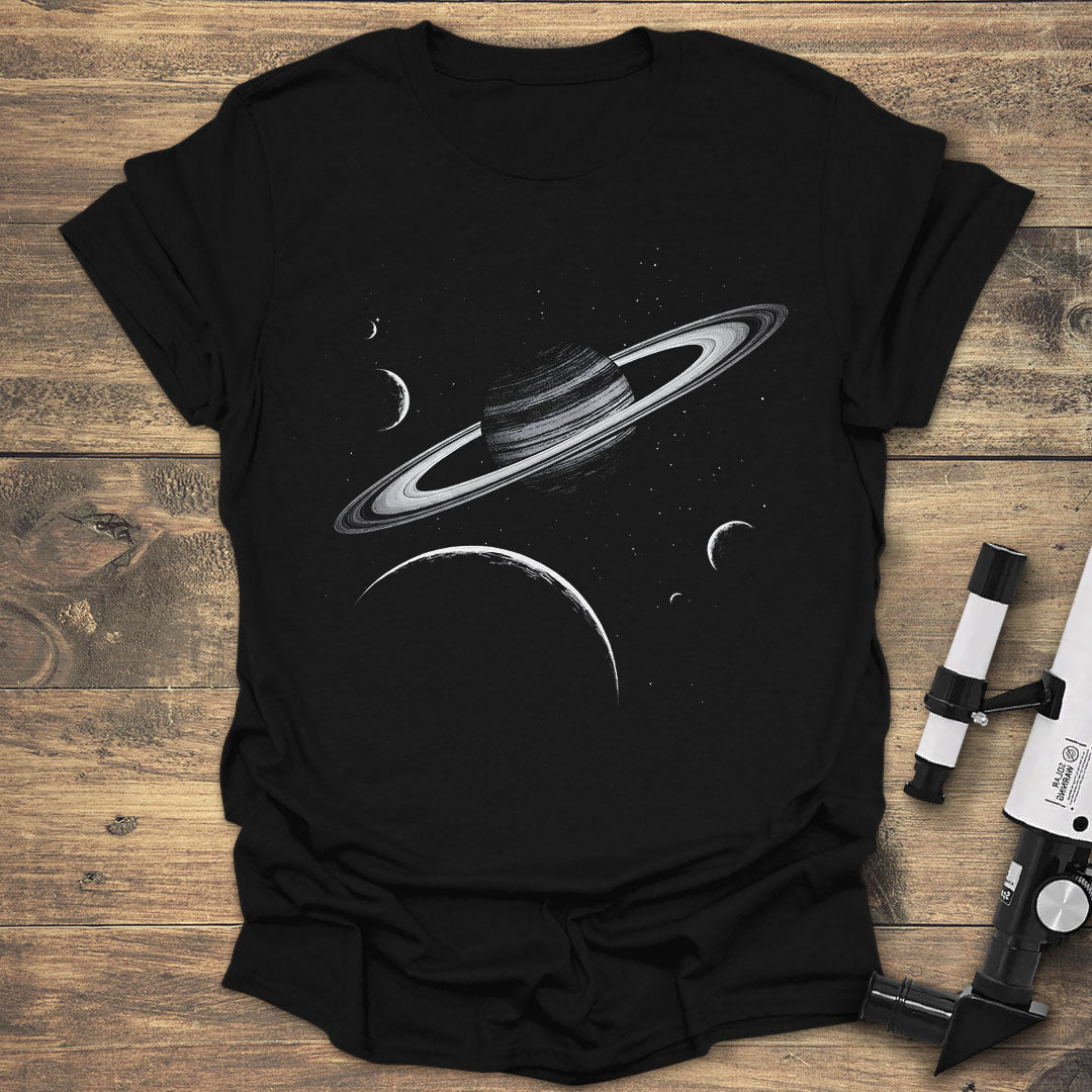 Planet Saturn with Moons - Black T-Shirt