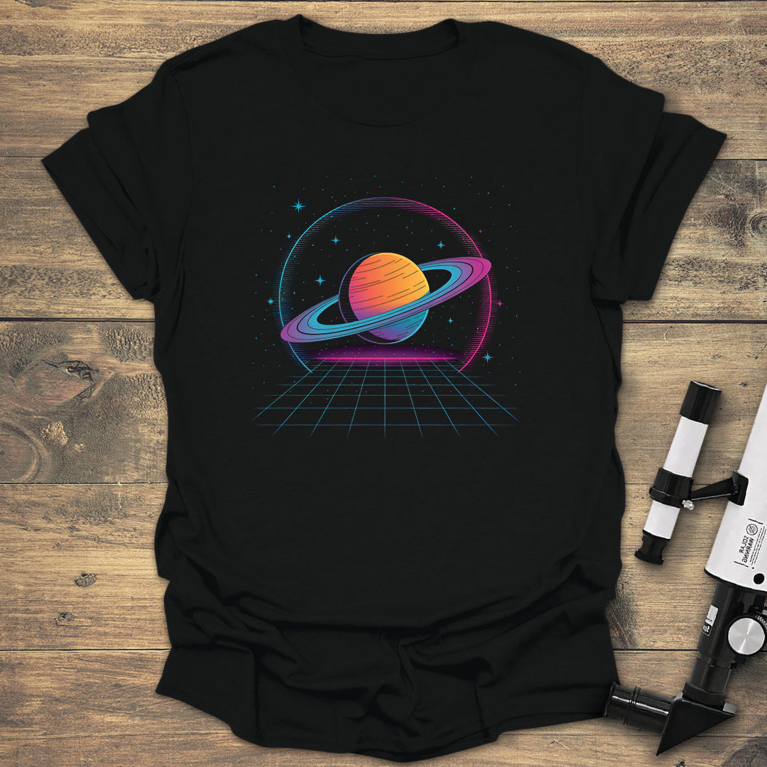 Retro Neon Saturn - Black T-Shirt