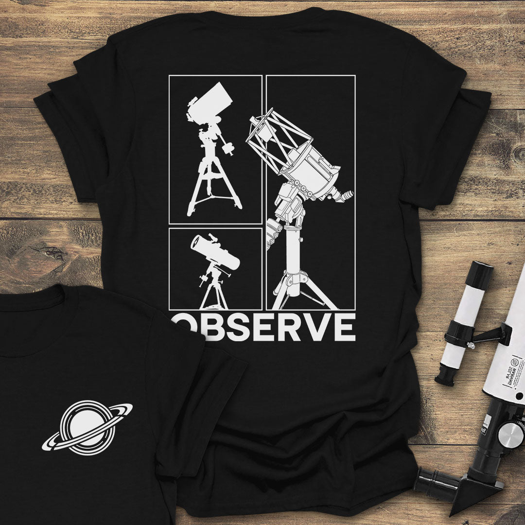 Observe Minimalist Telescope Back - Black T-Shirt