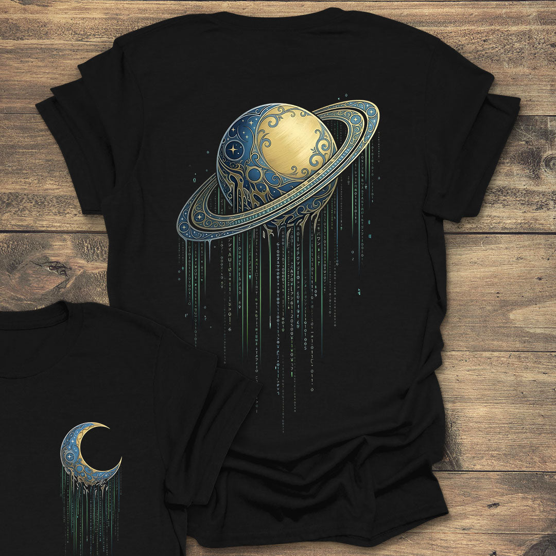 Saturn Digital Rain Back print - Black T-Shirt