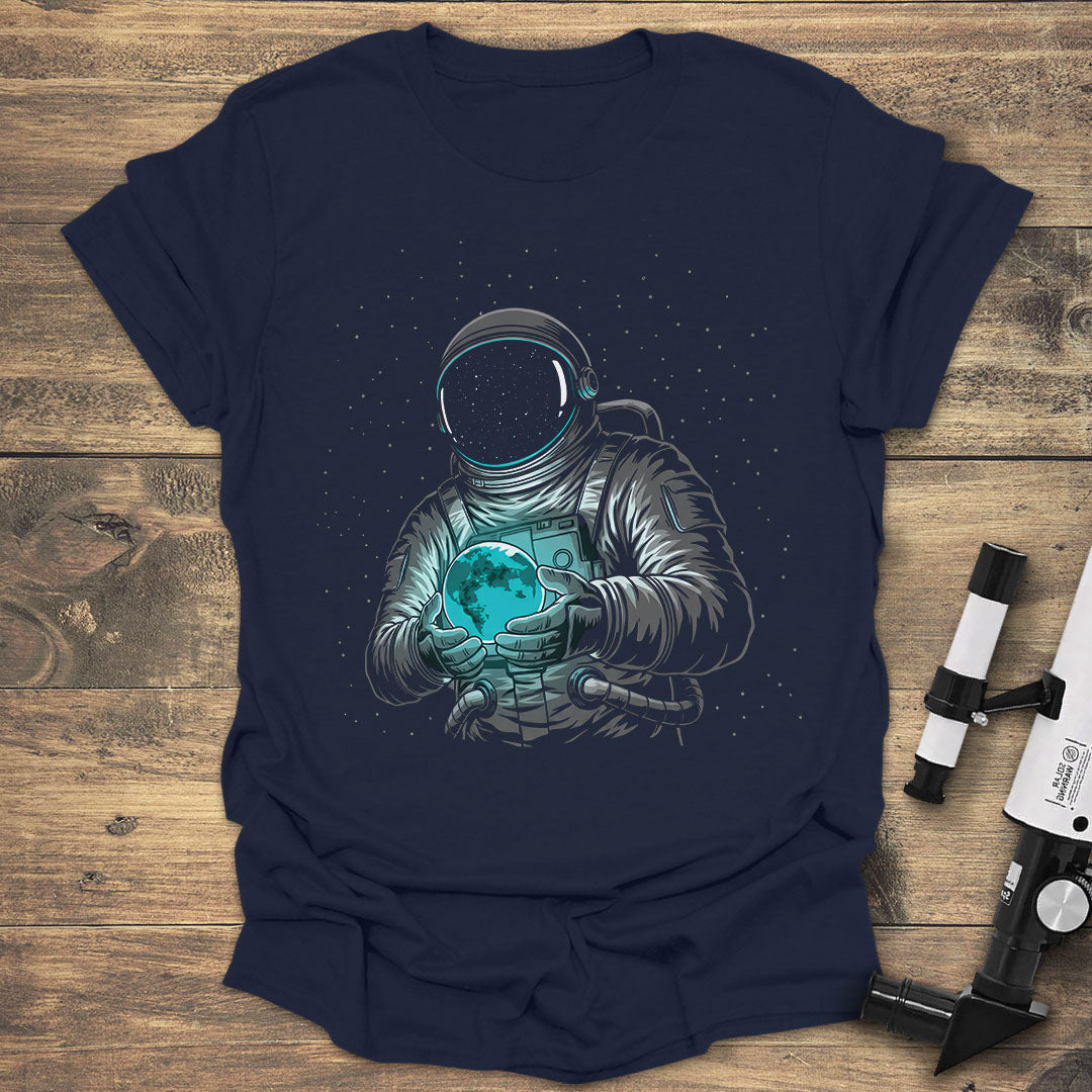Astronaut Holding Earth - Navy T-Shirt