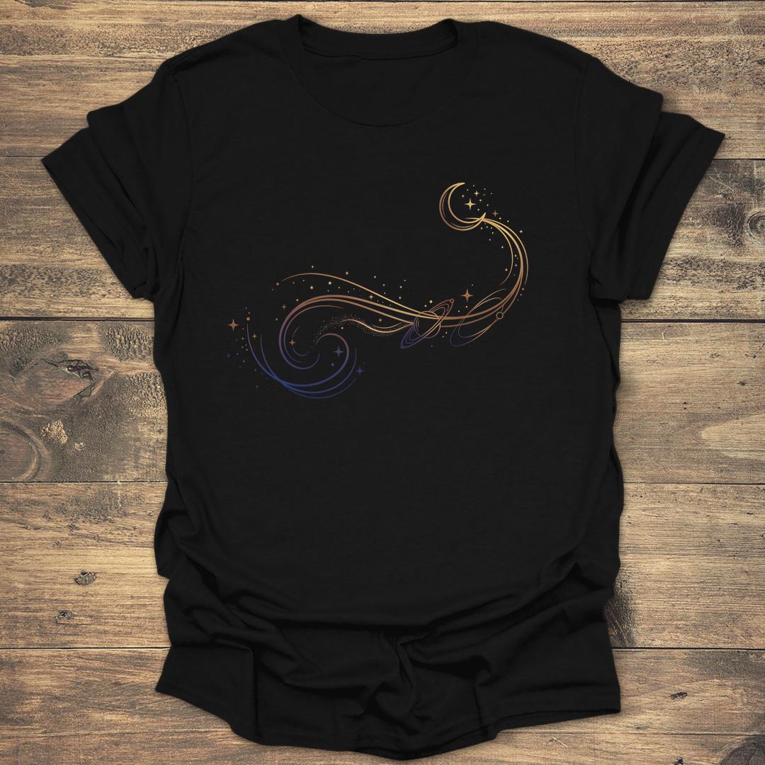 Stellar Ribbon Celestial Spiral and Moon Path - Black T-Shirt