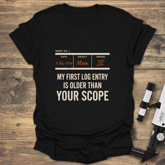 First Log Entry Older - Black T-Shirt