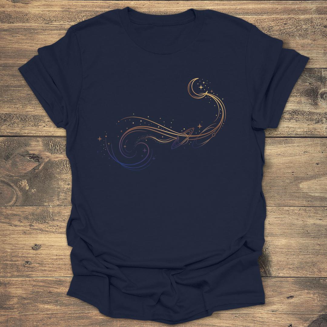 Stellar Ribbon Celestial Spiral and Moon Path - Navy T-Shirt
