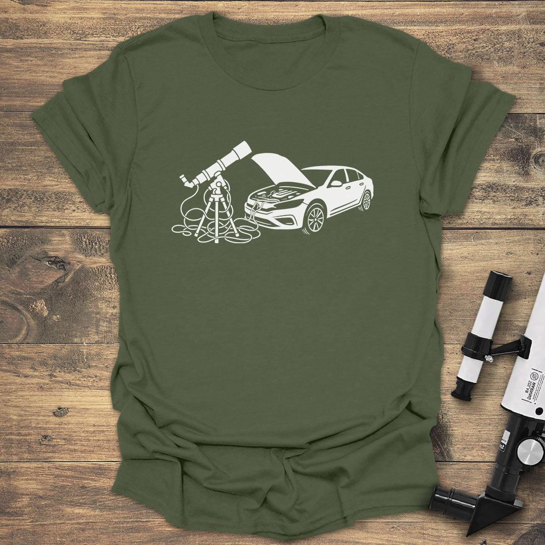 Car and Telescope - Military Green T-Shirt
